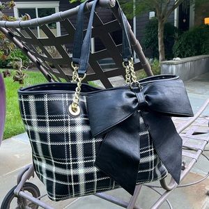 Betsey Johnson Black Plaid Tote Bag with large bow